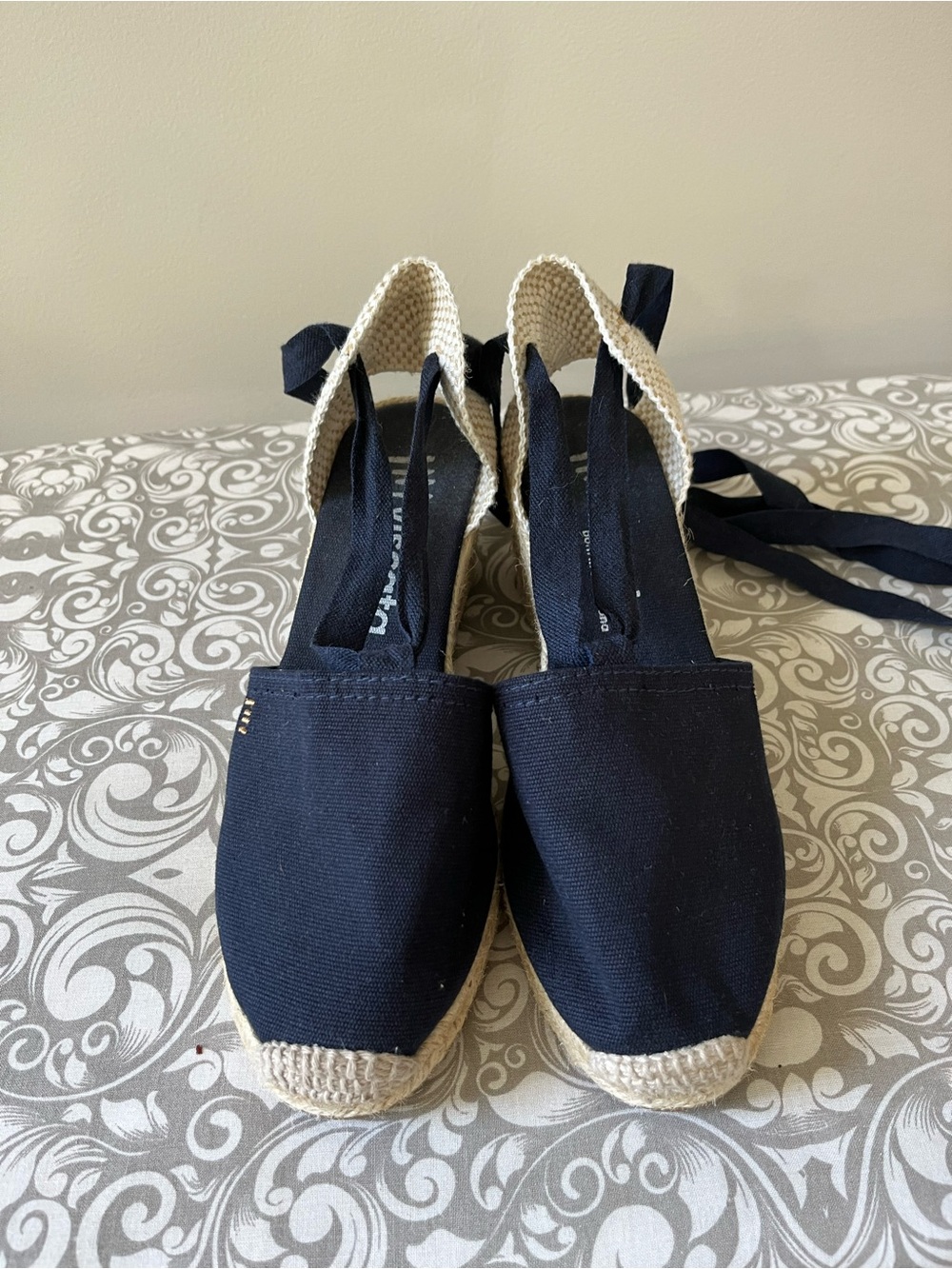 Viscata Black (Navy?) and Tan Ankle Wrap Espadrilles